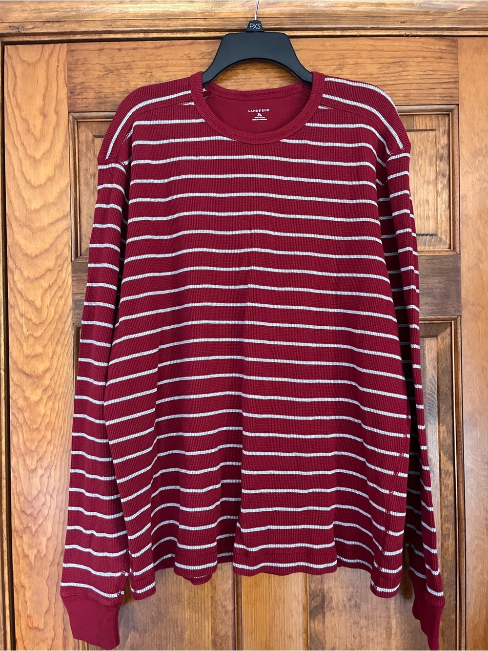 Lands' End Men's Maroon and White Striped Crewneck Sweater